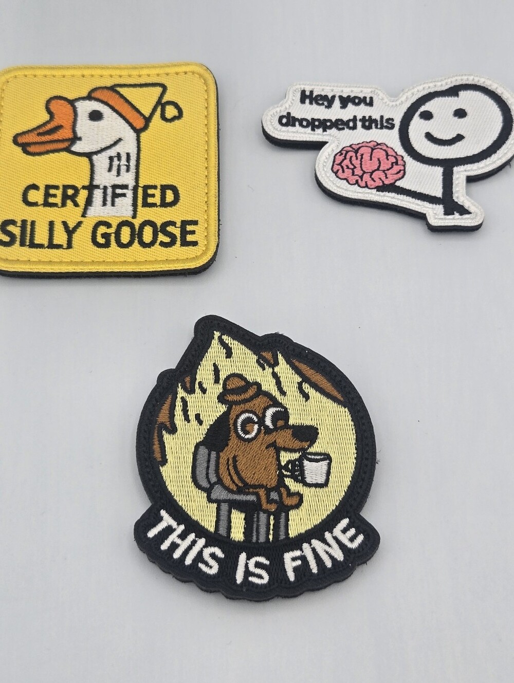 Lot Of 3 Velcro Patches Humor Silly Goose This Is Fine Dog Stick Figure